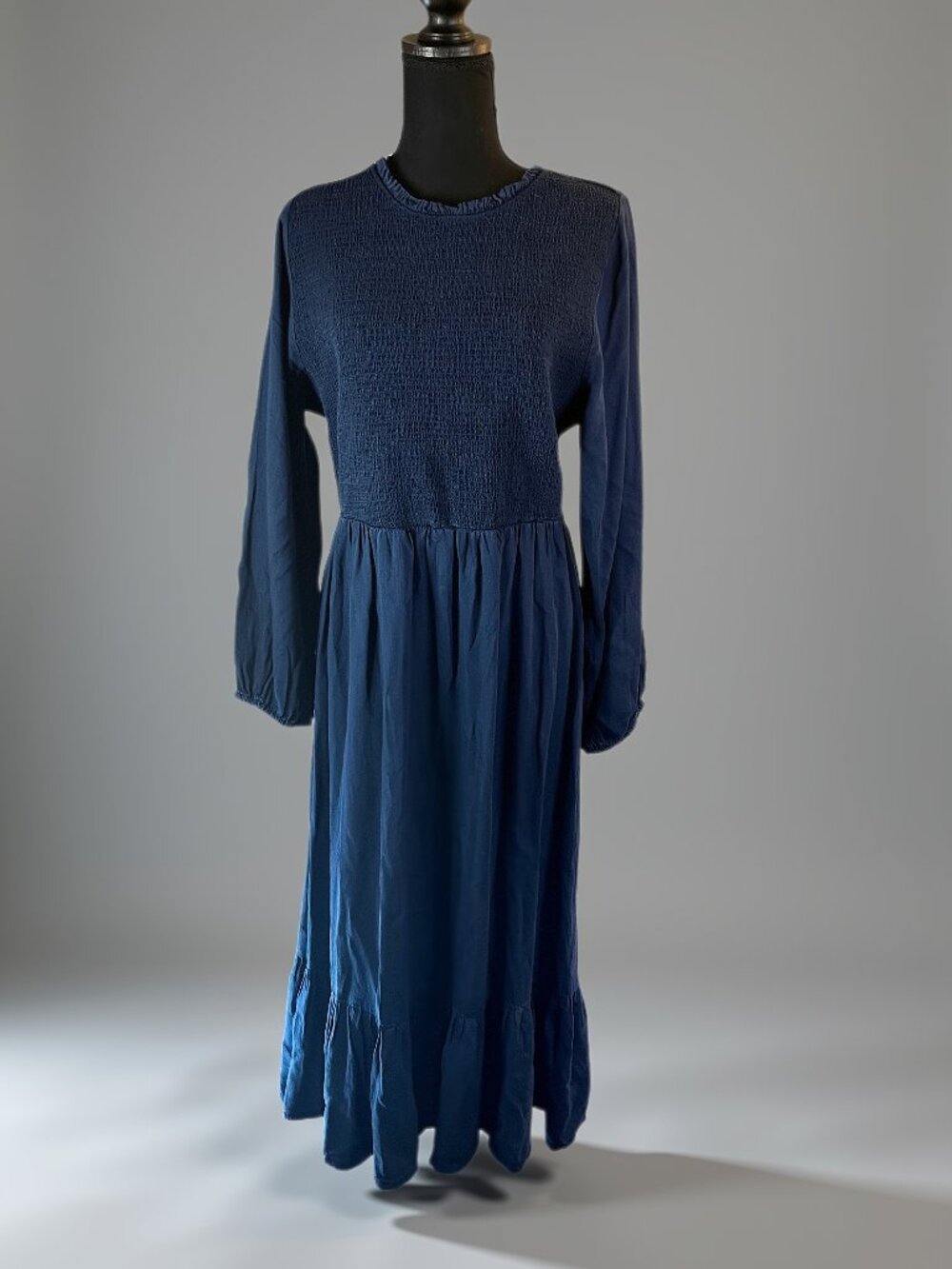 Old Navy Blue Smocked Tiered Midi Dress Balloon Sleeves Size L Prairie